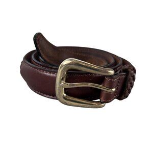 Vintage Mens 42 Belt Brown Leather Brass Buckle Braided Classic Sporty 90s